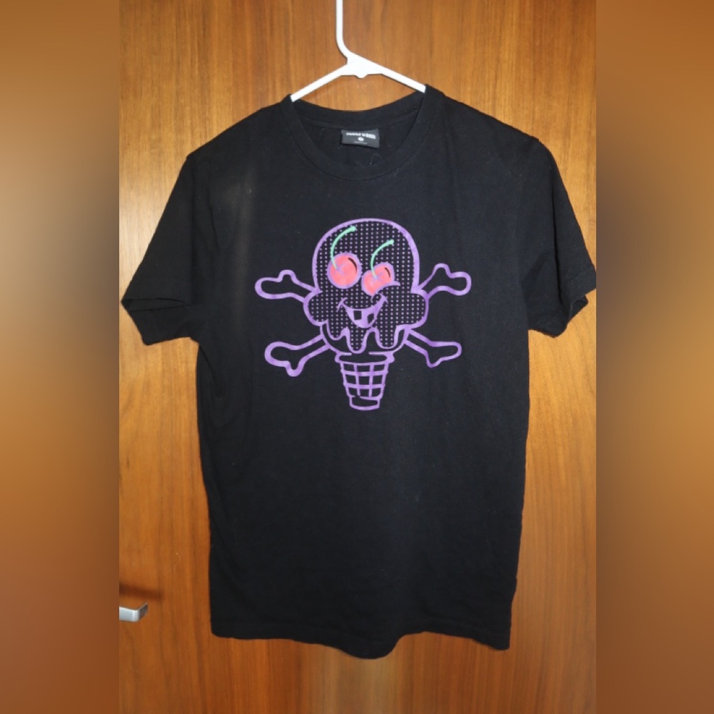 Icecream Black T-Shirt with Purple Skull and Cherry Graphic